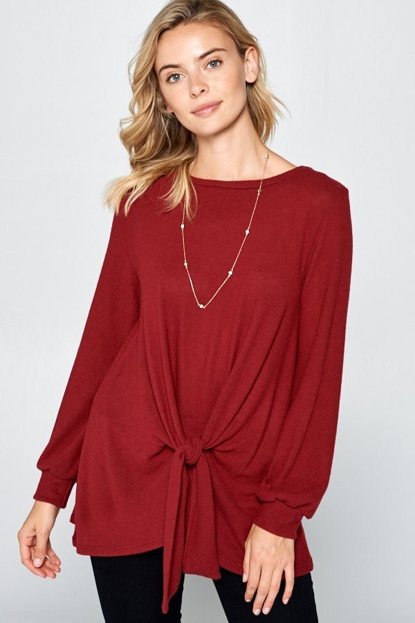 Super Lady Full Size Round Neck Knot Front Hacci Blouse - Love Salve